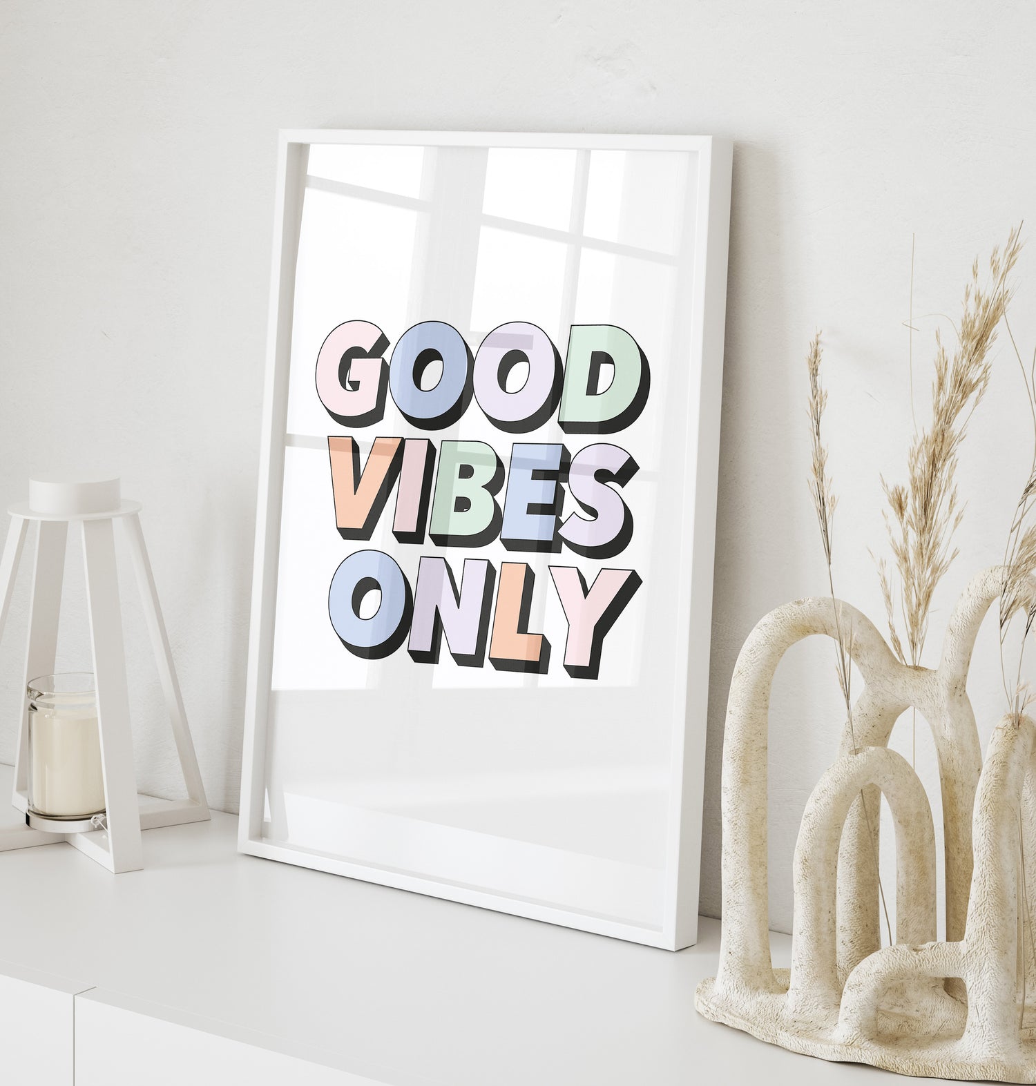 Good Vibes Only - Framed Wall Art Print - Colourful font on white background in white picture frame