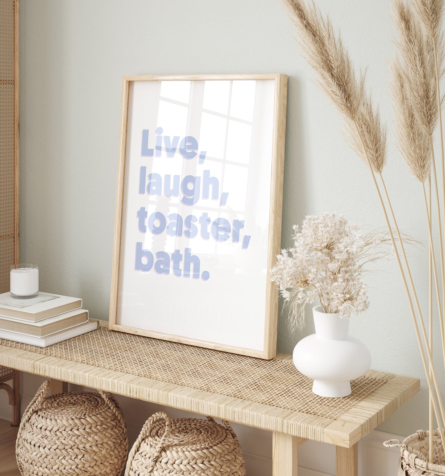 Live Laugh Toaster Bath' wall art available in various colours and frame finishes.